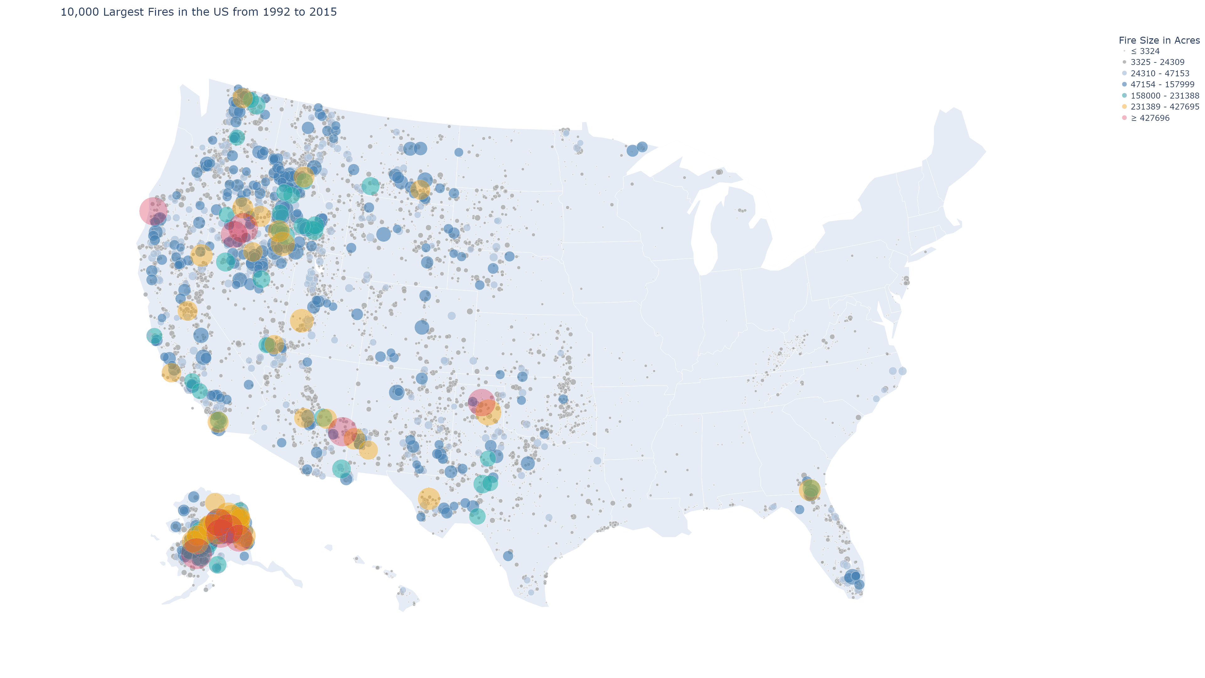 Map of 10,000 largest U.S. wildfires from 1992 to 2015